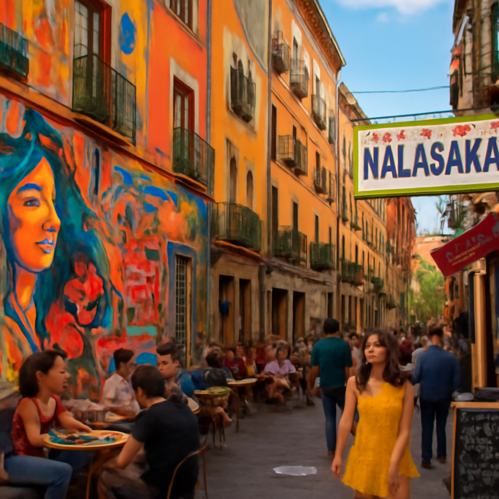 Calles de Malasaña con murales de arte urbano y ambiente bohemio en Madrid.