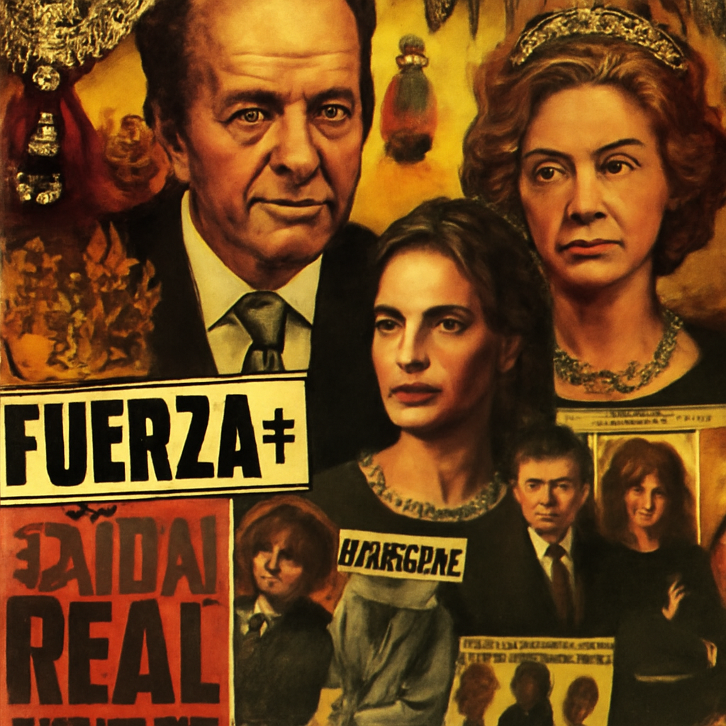 Collage de escándalos de la realeza española con elementos como joyas, retratos de reyes, prensa amarilla y escenas intrigantes.
