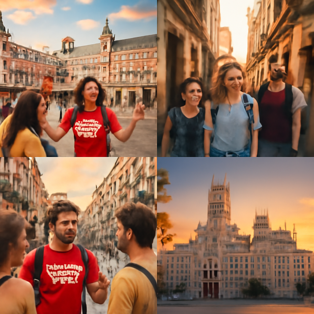 Experiencias de free tours en Madrid, mostrando guías y turistas en lugares emblemáticos.