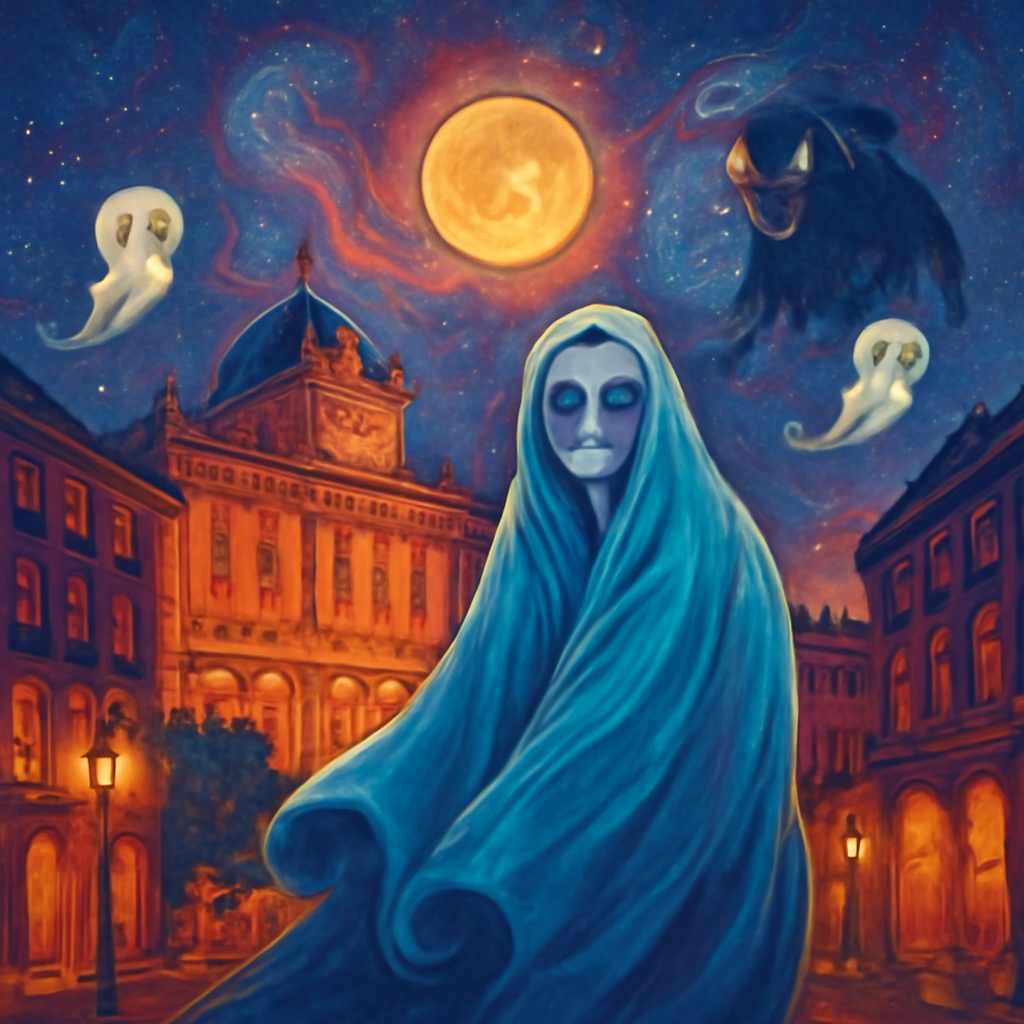 Ilustración artística de las leyendas de Madrid con elementos históricos y un ambiente nocturno mágico.