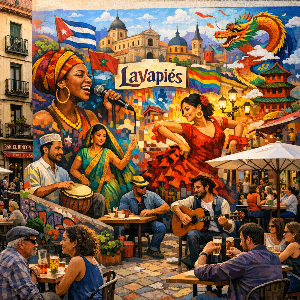 Mural colorido y ambiente multicultural en Lavapiés, Madrid.