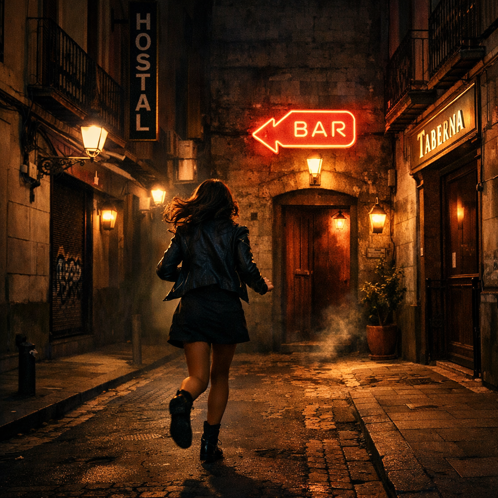 Mujer explorando un barrio nocturno en Madrid en busca de un bar secreto