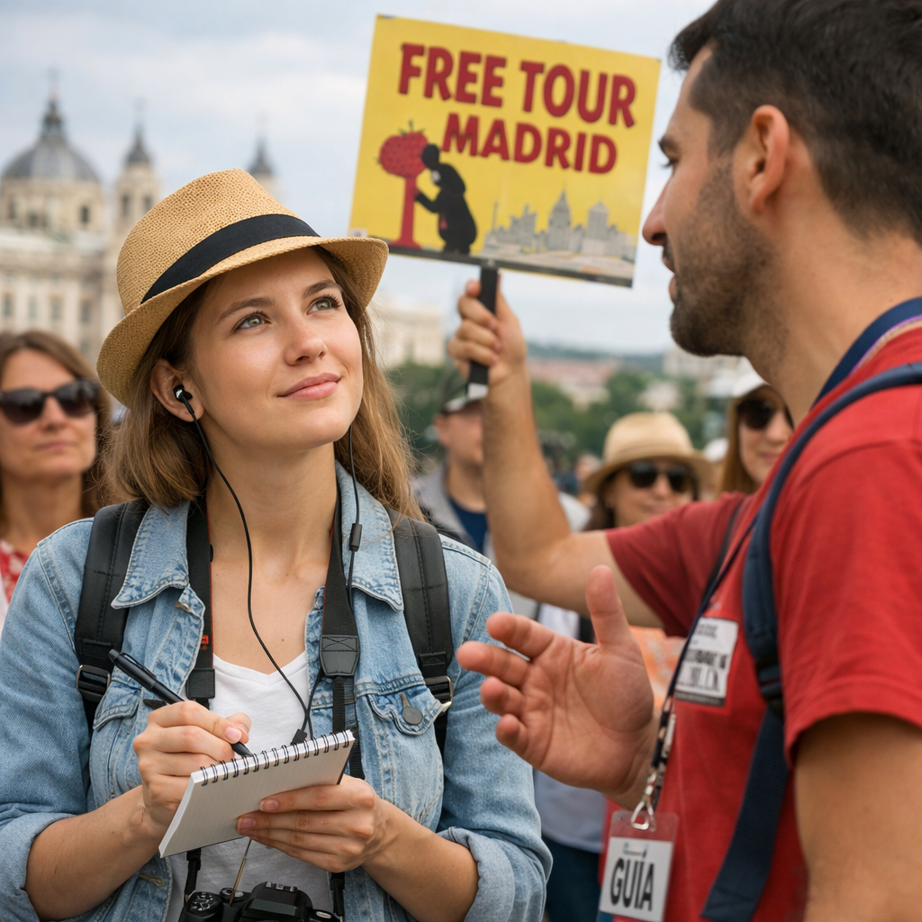 Turista tomando notas en un free tour de Madrid.