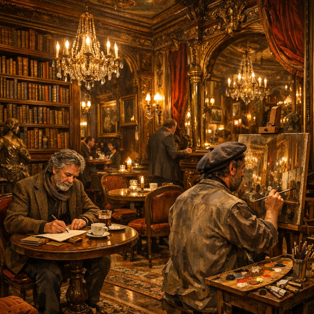 Café literario en Madrid con libros y un escritor.