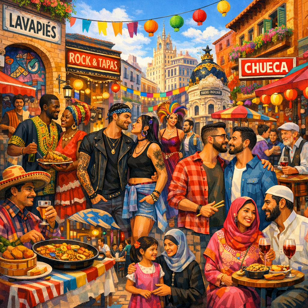 Diversidad cultural en los barrios de Madrid, mostrando diferentes comunidades y sus tradiciones.