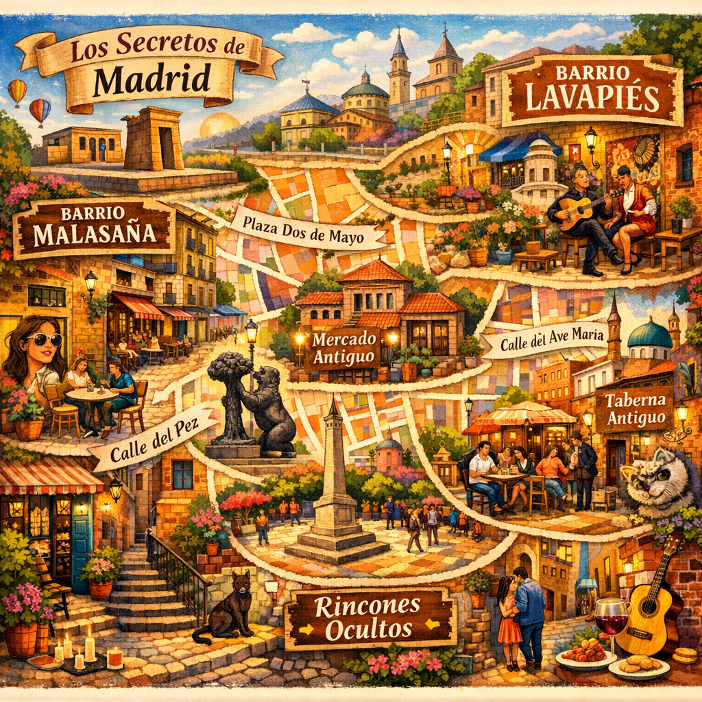 Ilustración de secretos ocultos de Madrid con un mapa estilizado y escenas de barrios históricos.