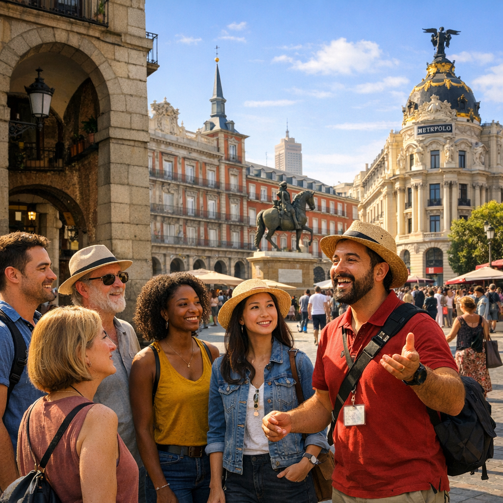 Grupo de turistas en un free tour por Madrid, disfrutando de la historia y cultura de la ciudad.