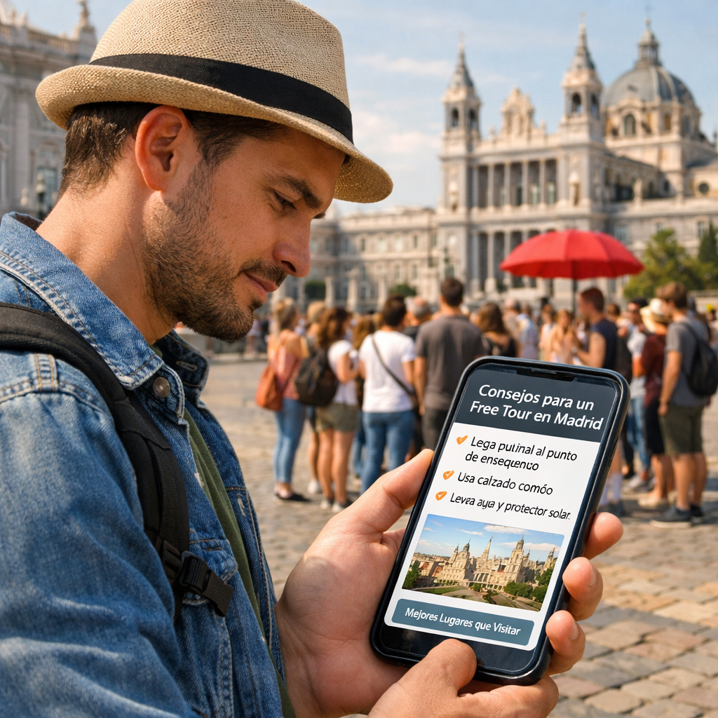 Turista revisando consejos sobre free tours en Madrid