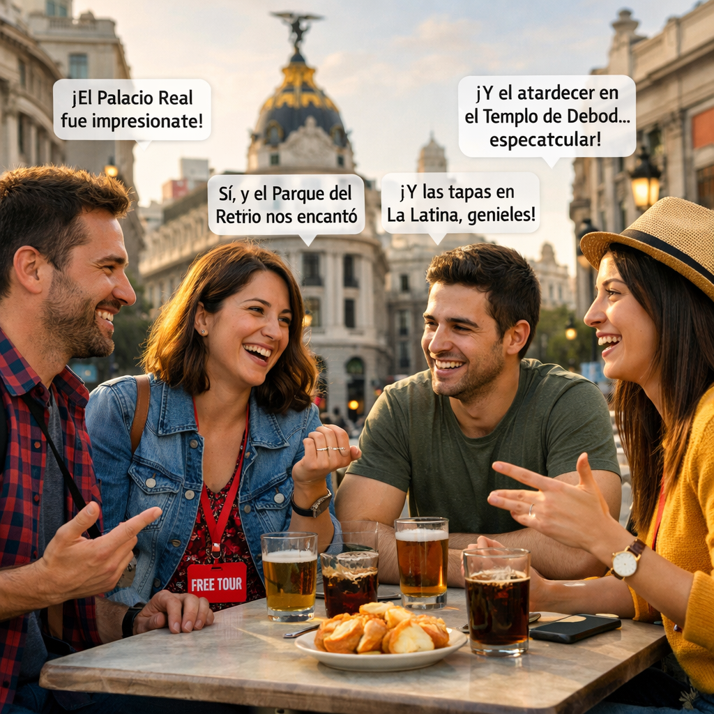Grupo de amigos comentando sus experiencias de un free tour en Madrid