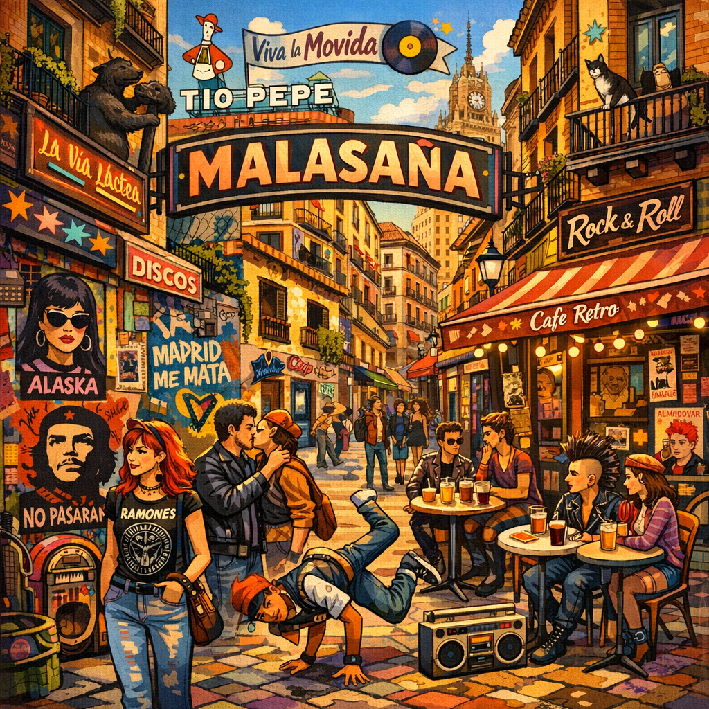 Ilustración del barrio de Malasaña, Madrid, mostrando calles artísticas y una atmósfera bohemia.