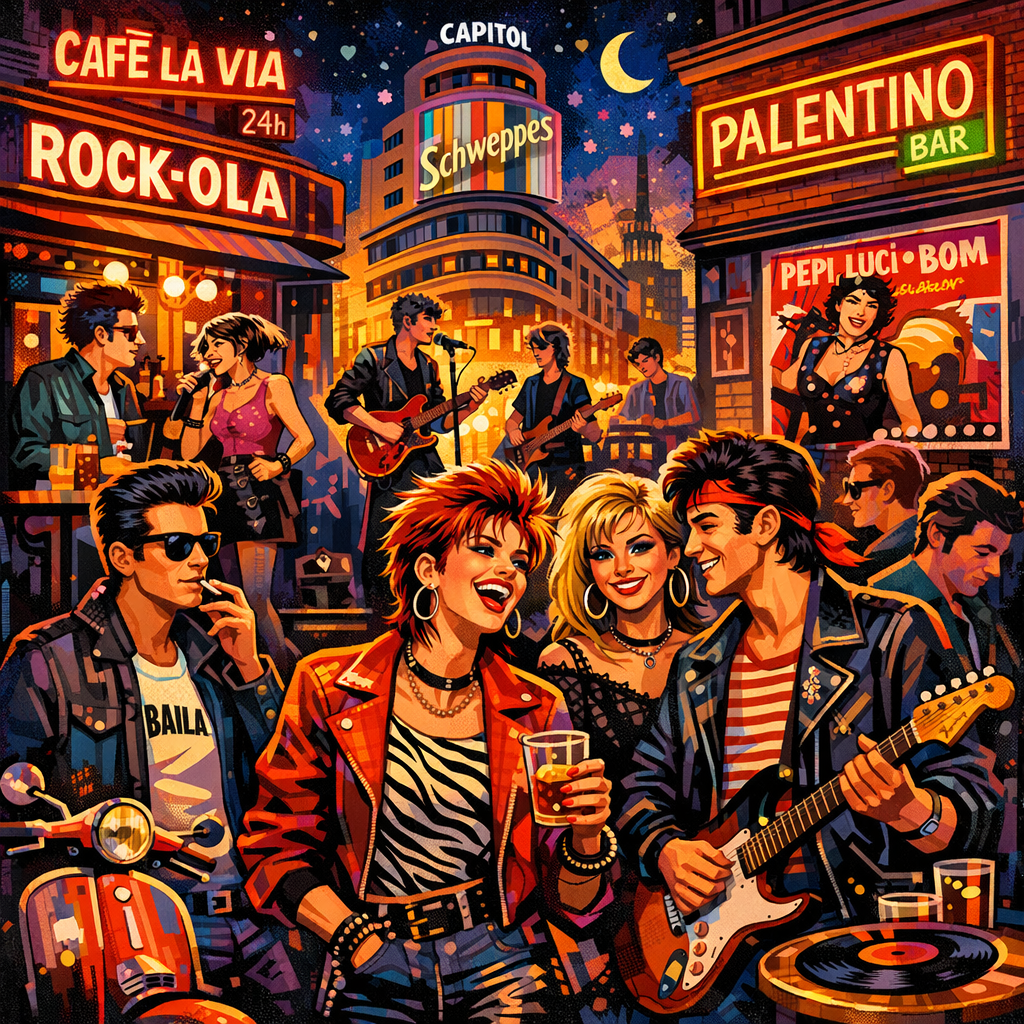Bares emblemáticos de la Movida Madrileña con un ambiente vibrante y jóvenes disfrutando de la vida nocturna.