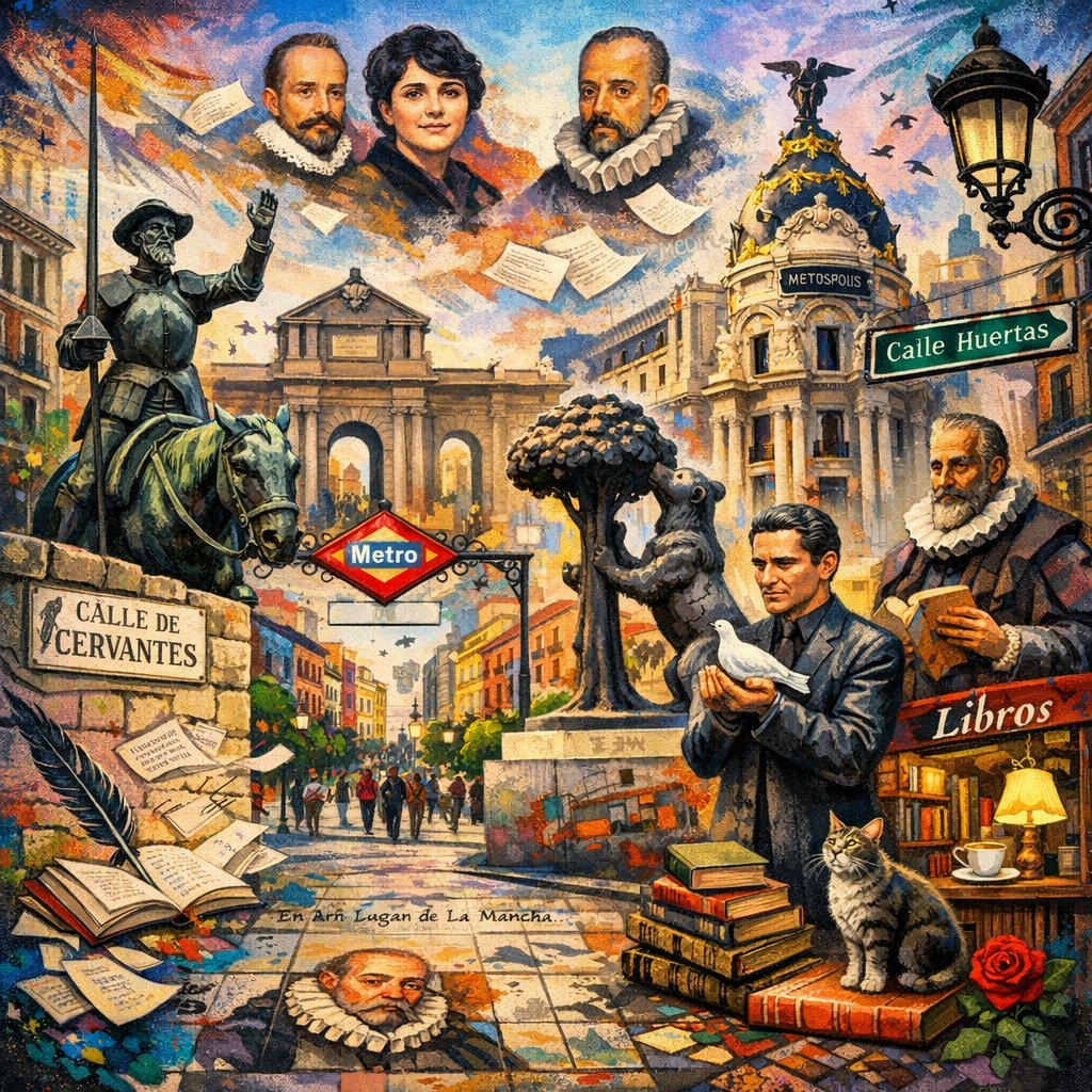 Vista de una ruta literaria en Madrid con monumentos y arte urbano