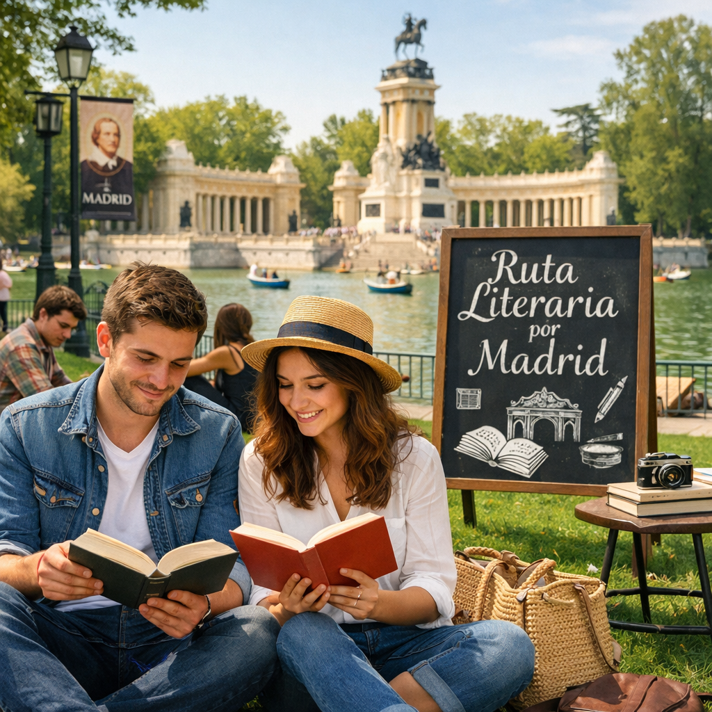 Pareja leyendo libros en una ruta literaria en Madrid