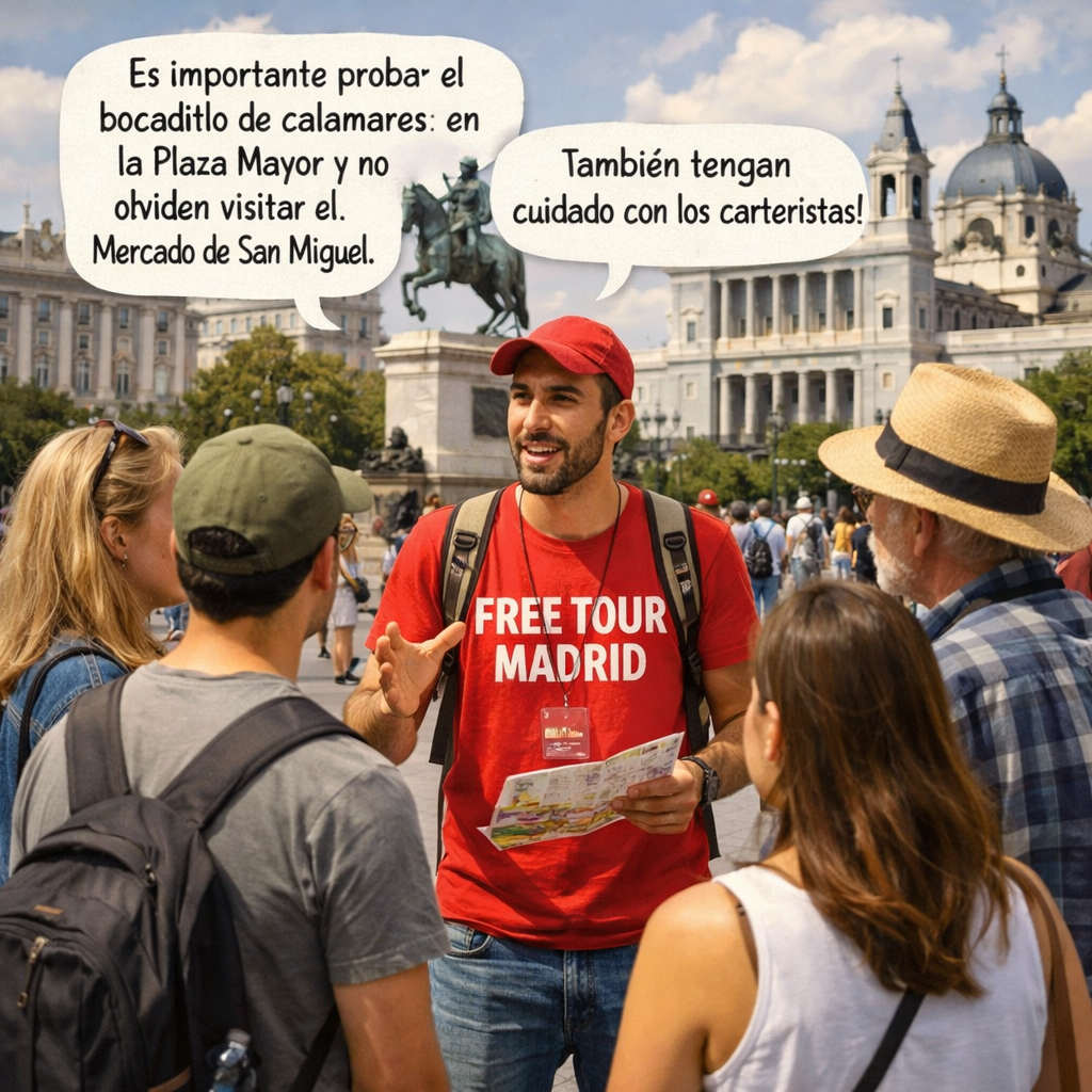 Guía dando consejos durante un free walking tour en Madrid