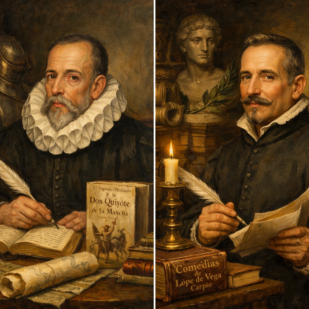 Retratos de Cervantes y Lope de Vega con fondo del Barrio de las Letras