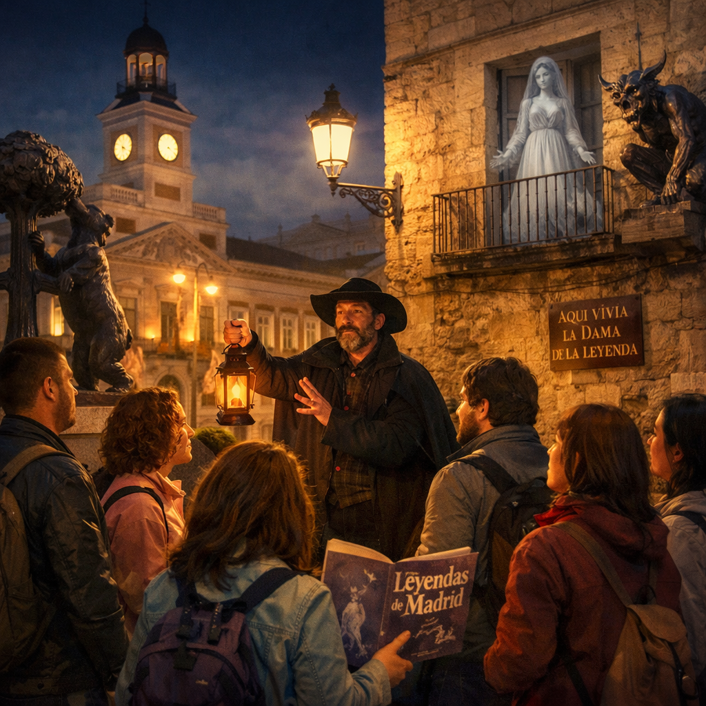 Turistas descubriendo leyendas e historias en las calles de Madrid.