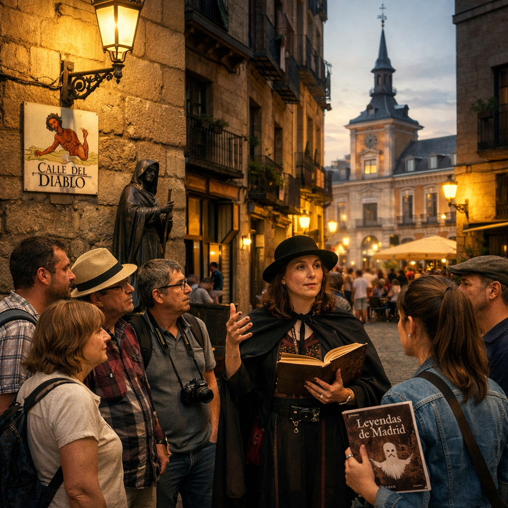 Grupo de turistas explorando leyendas en Madrid