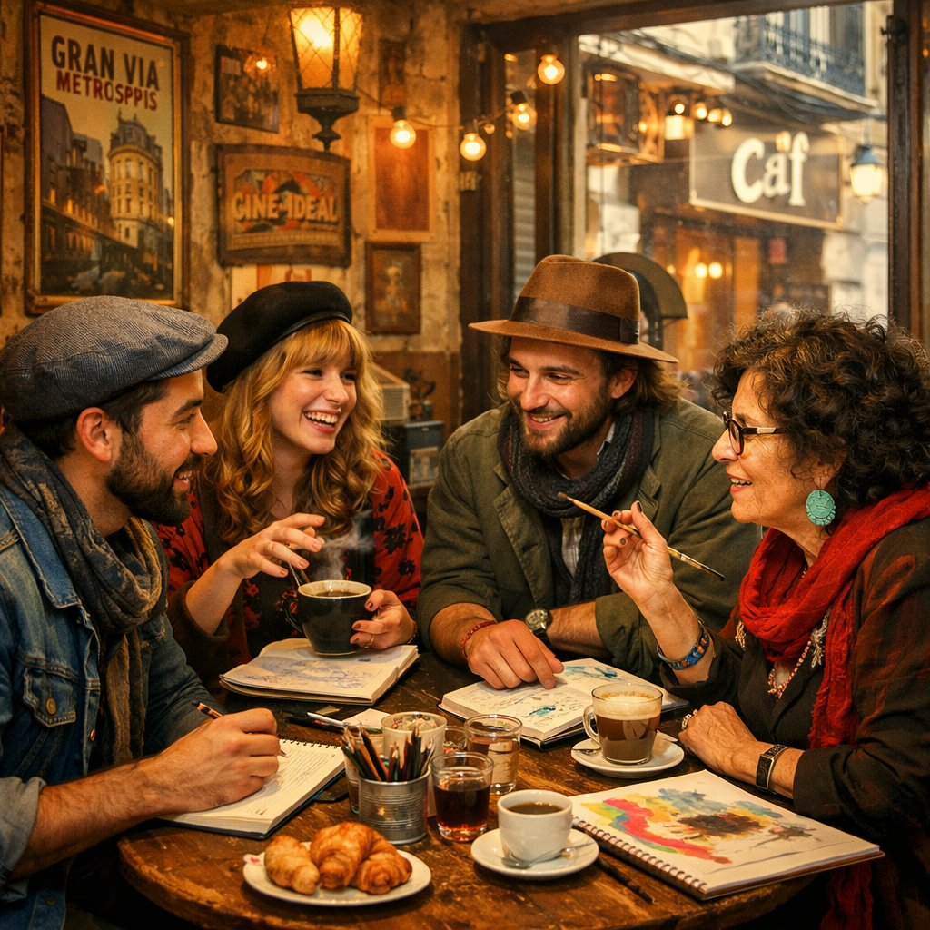 Artistas y escritores compartiendo en un café bohemio de Madrid
