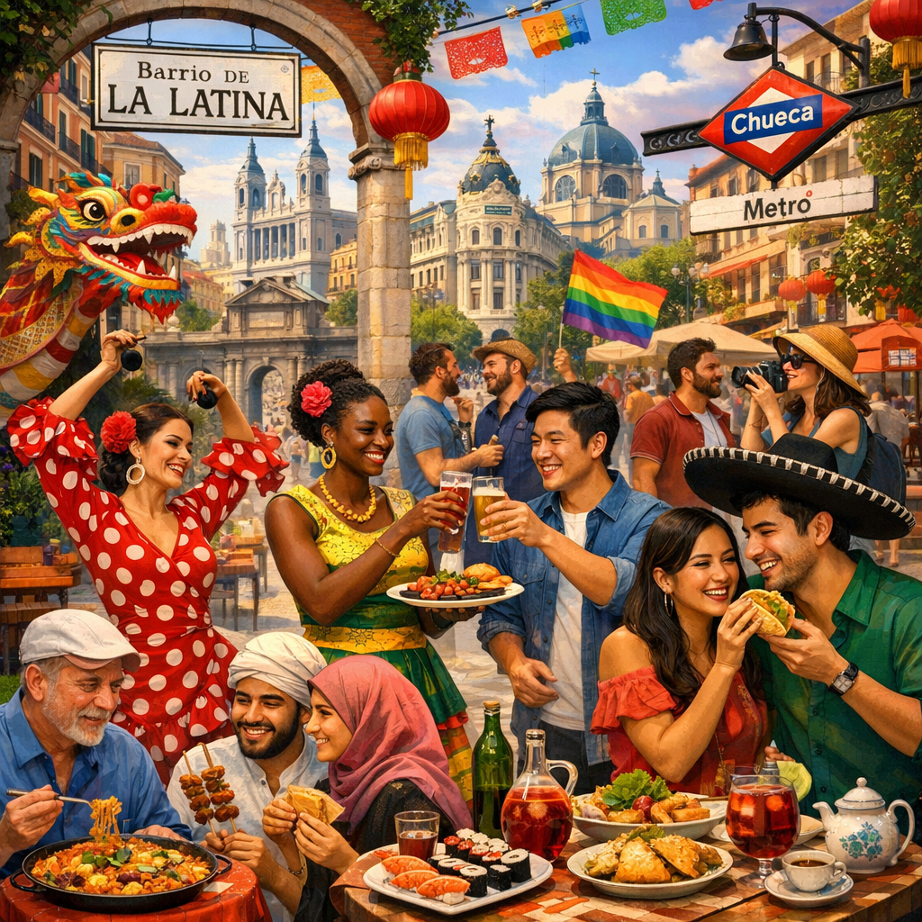 Madrid multicultural: personas de diversas culturas disfrutando de experiencias únicas en la ciudad.