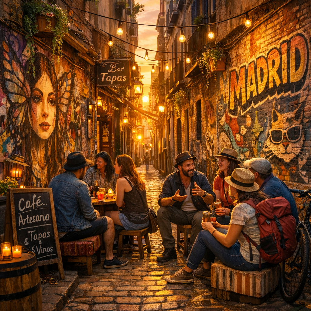 Un angosto callejón de Madrid con arte urbano y un grupo de viajeros conversando.