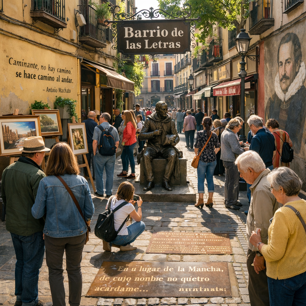 Visitantes admirando el arte en el Barrio de las Letras, Madrid.