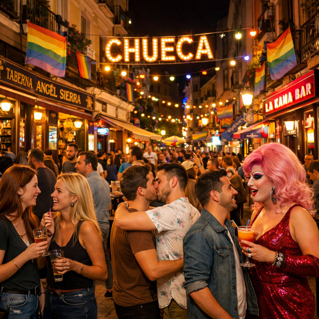 Ambiente vibrante de Chueca en Madrid durante la noche.