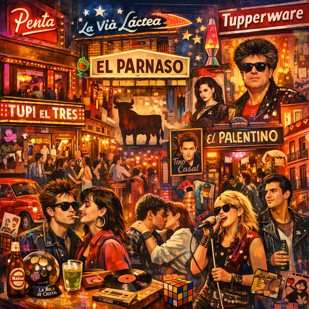 Collage vibrante de los bares icónicos de Malasaña, representando la Movida Madrileña.