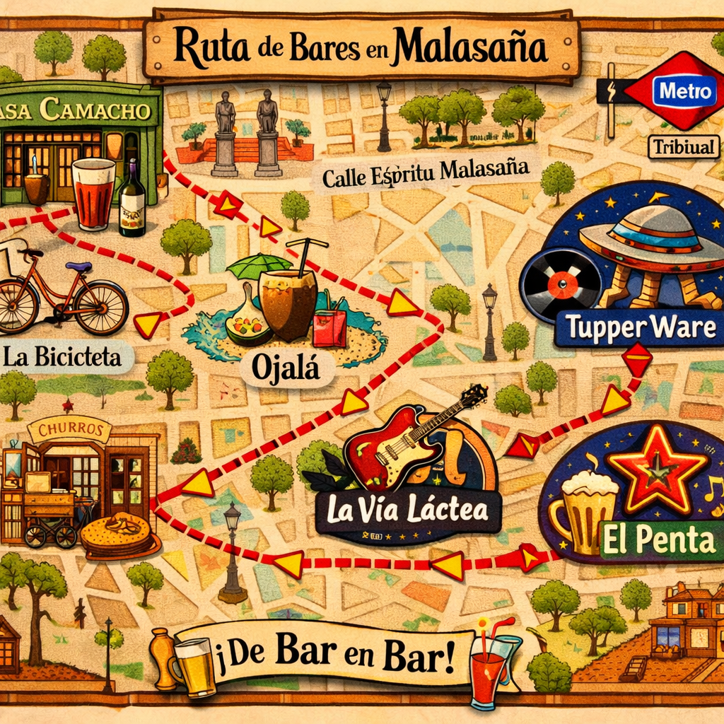 Mapa de una ruta de bares en Malasaña