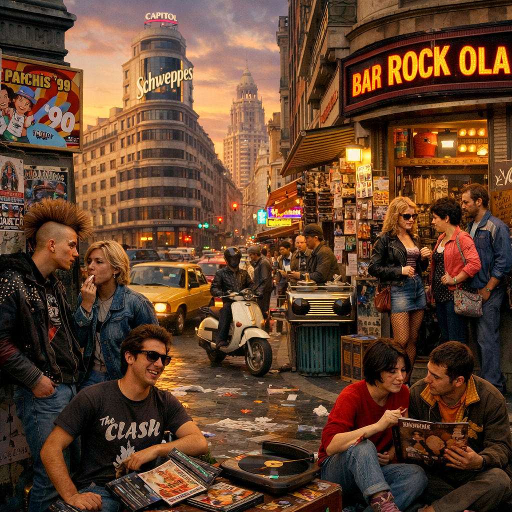 Imagen representativa del contexto histórico de la Movida Madrileña en Madrid en los años 80.