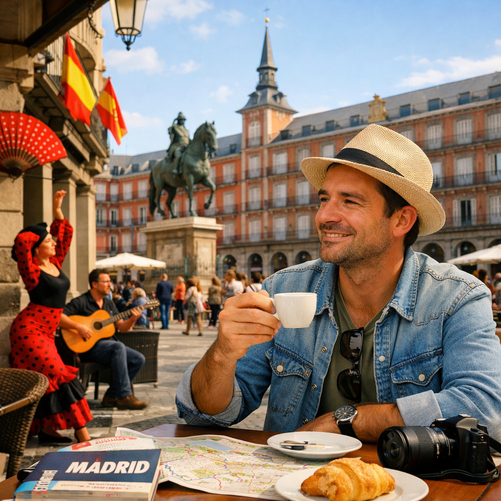 Turista en un café cultural disfrutando de su visita en Madrid.