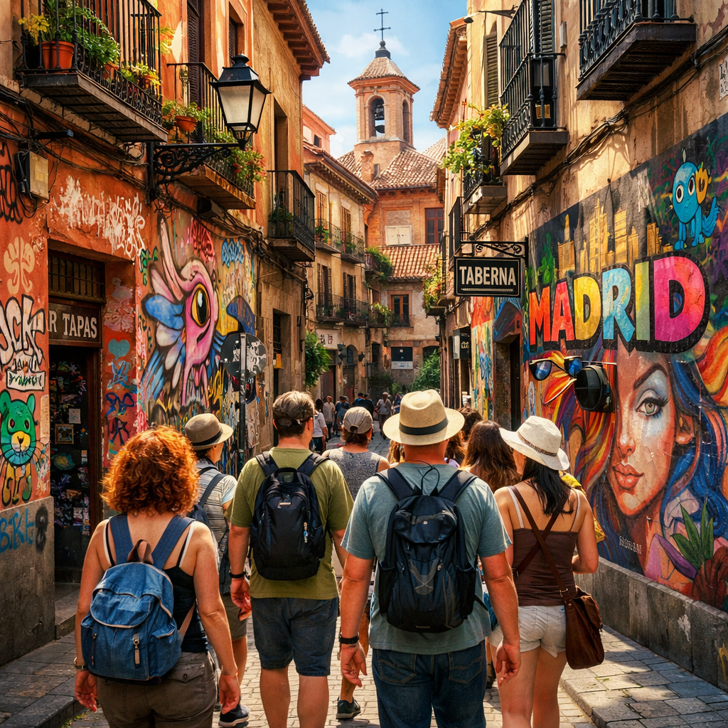 Grupo de personas explorando el Barrio de las Historias Olvidadas en Madrid