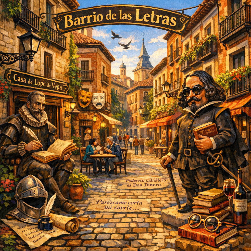 Ilustración del Barrio de las Letras en Madrid con referencias a Cervantes, Lope de Vega y Quevedo.