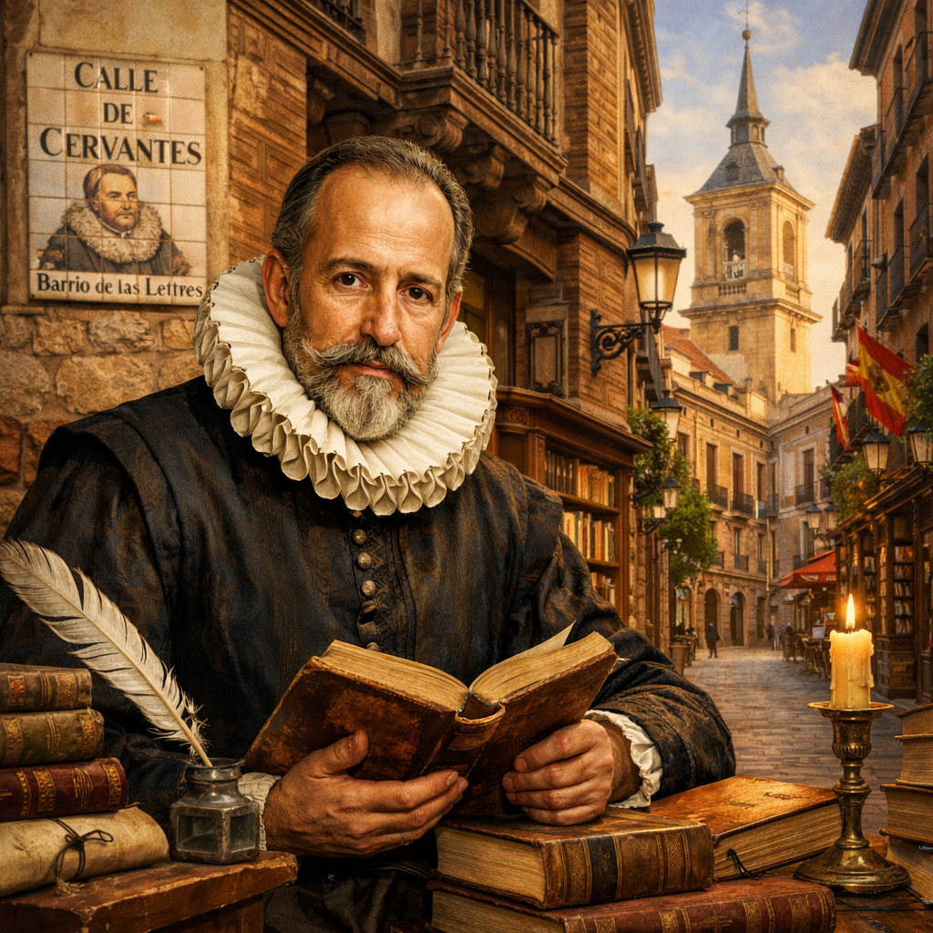 Retrato de Miguel de Cervantes en el Barrio de las Letras de Madrid.