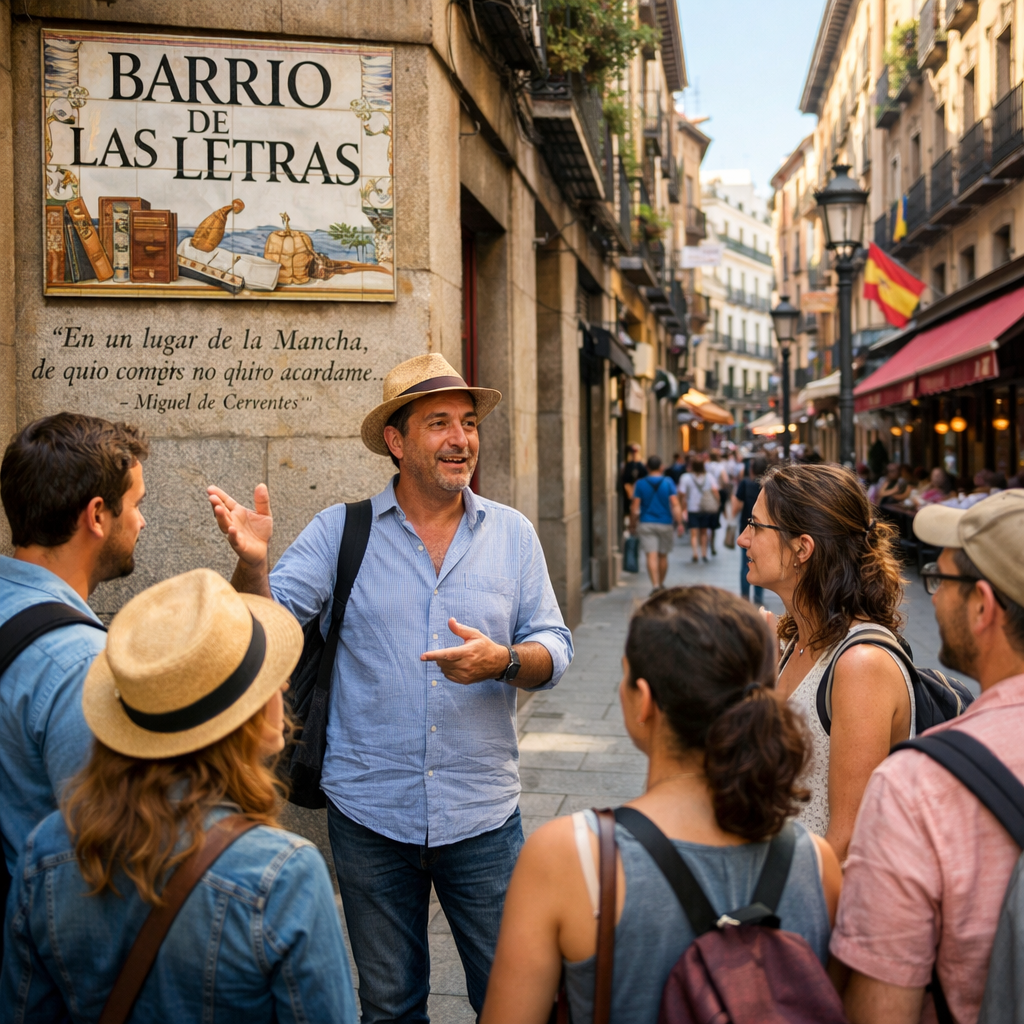 Grupo de turistas en una ruta cultural por el Barrio de las Letras de Madrid.