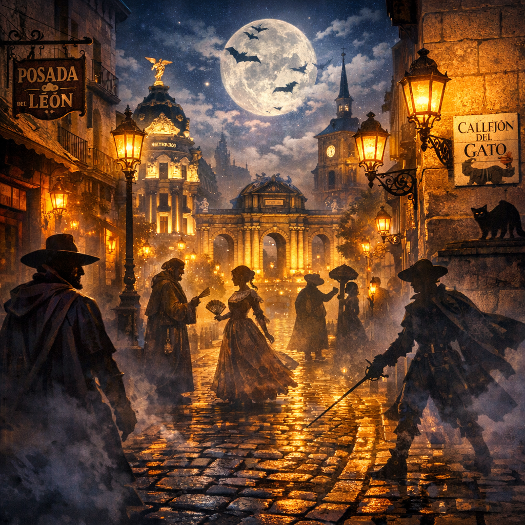Vista nocturna de una calle histórica en Madrid, con leyendas y mitos flotando en el aire.