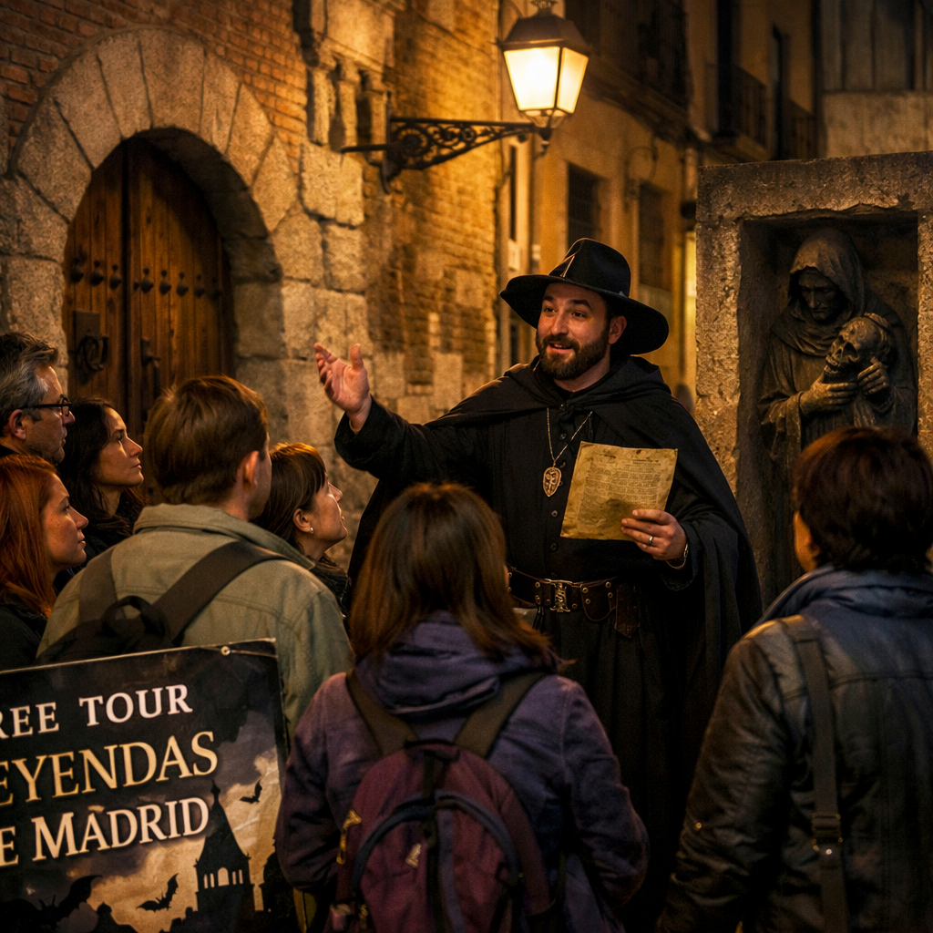 Grupo de turistas en un free tour por las leyendas de Madrid.