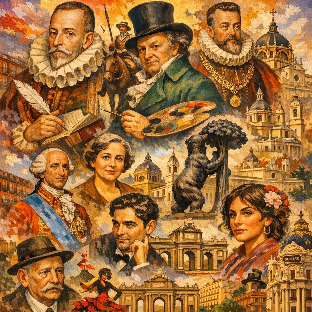 Collage de personajes históricos que han transformado Madrid, incluyendo figuras como Cervantes y Goya.