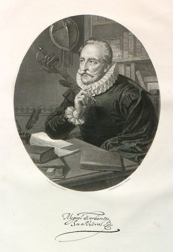 Retrato de Miguel de Cervantes, autor de Don Quijote, en un fondo literario.