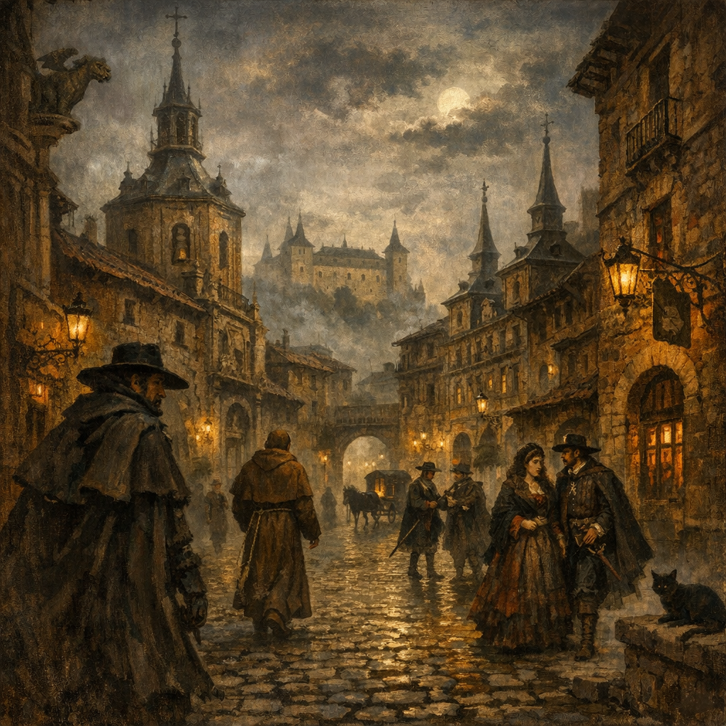 Ilustración del Madrid antiguo con leyendas y personajes históricos.