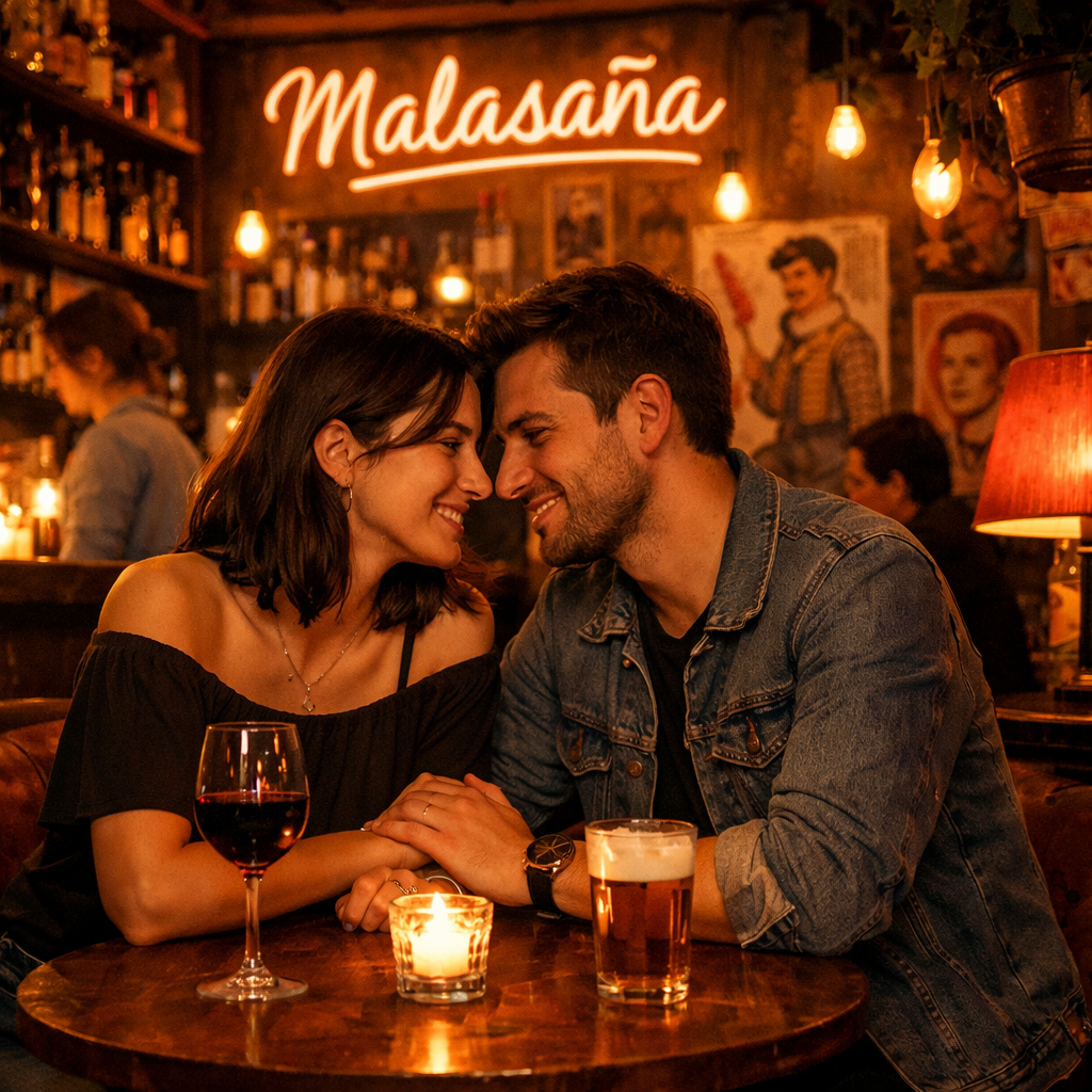 Pareja en un bar acogedor en Malasaña