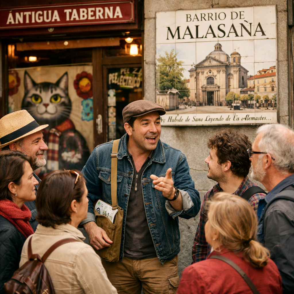 Guía turístico narrando secretos de Malasaña a un grupo de visitantes.