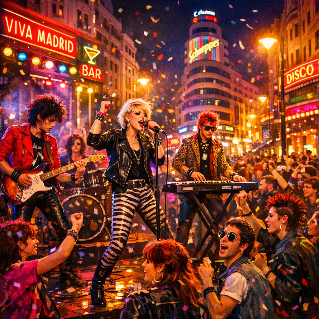 Ilustración de un concierto durante la Movida Madrileña en los años 80, mostrando a bandas en el escenario y a espectadores animados.