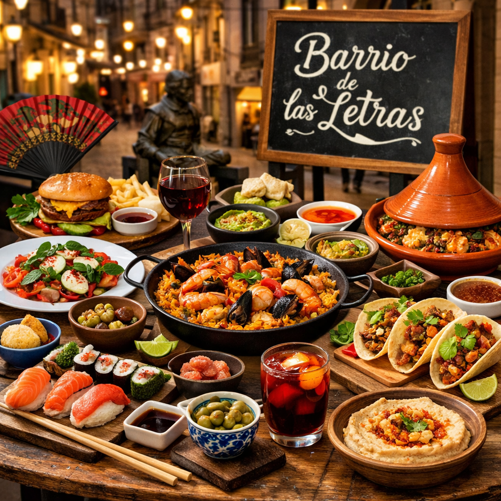 Comidas de diferentes culturas que influyen en la gastronomía del Barrio de las Letras.