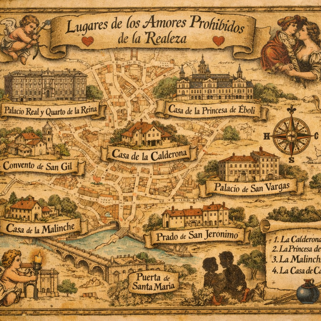 Mapa de Madrid con marcas en lugares de amores prohibidos históricos.