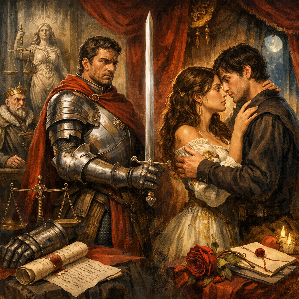 Ilustración de un duelo emocional entre deber y amor prohibido.