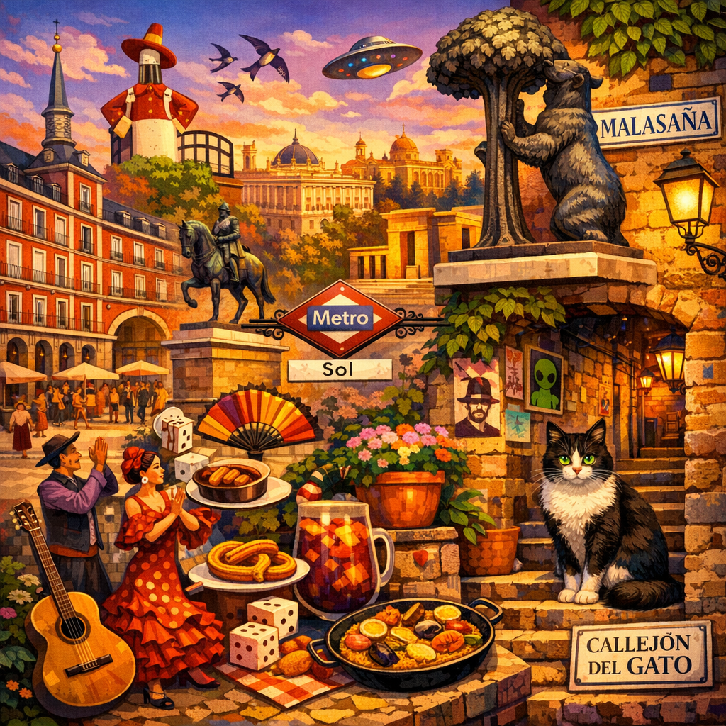 Collage que representa curiosidades y secretos de Madrid, incluyendo la Plaza Mayor y un rincón de Malasaña.