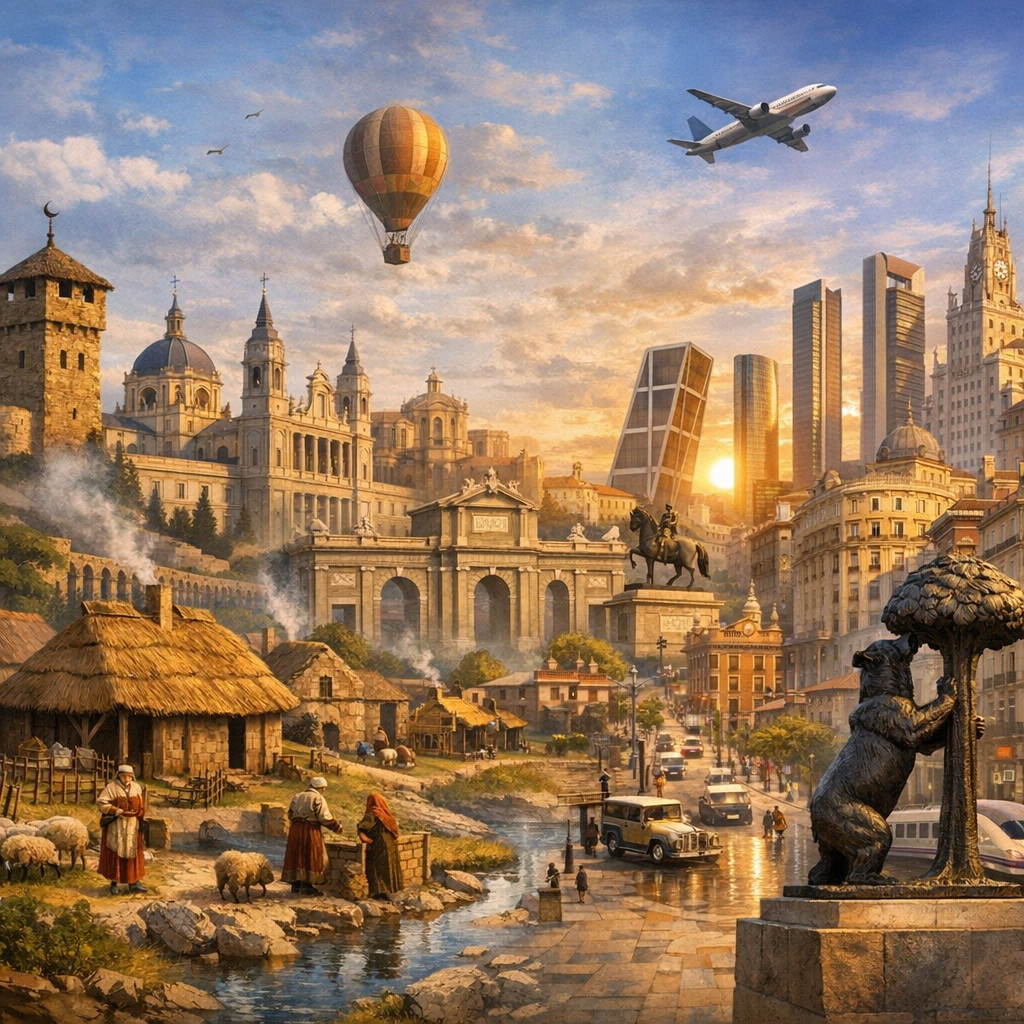 Representación gráfica de la evolución de Madrid desde sus orígenes hasta convertirse en una capital moderna.