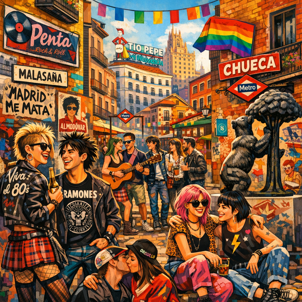 Ilustración del ambiente alternativo y rebelde de Madrid, mostrando arte urbano y vida cultural.