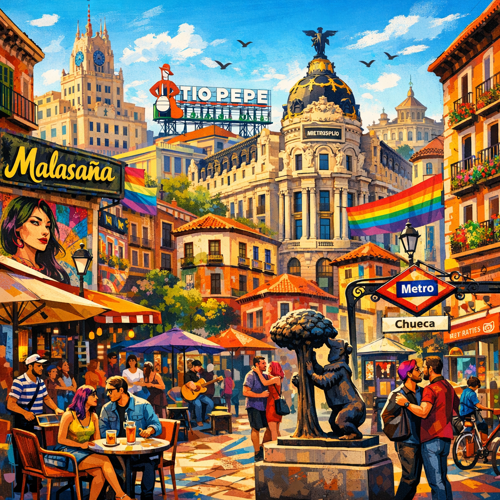 Vista de los barrios emblemáticos de Madrid con cafés, arte urbano y arquitectura caracteristica.