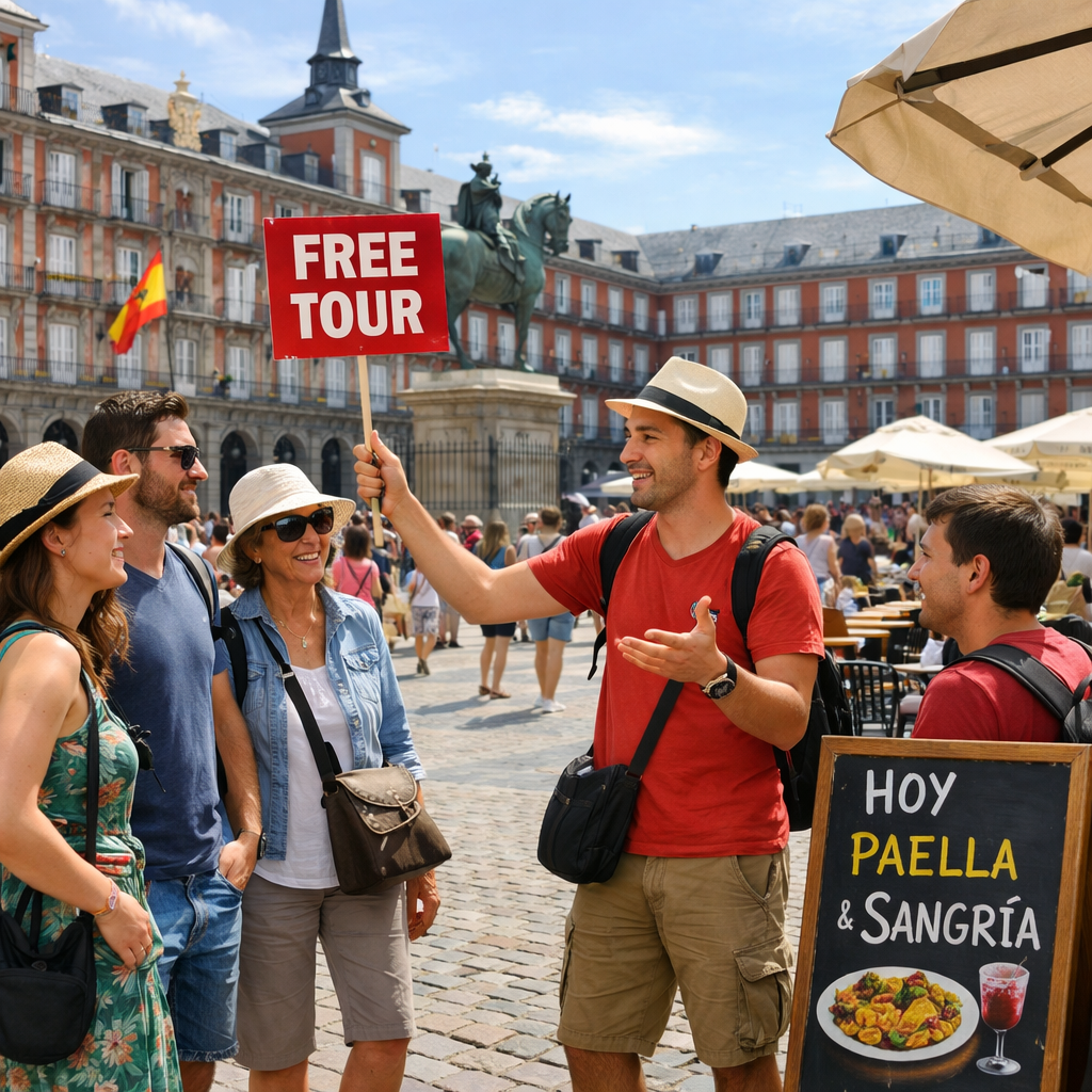 Grupo participando en un free tour por Madrid, disfrutando de la cultura local.